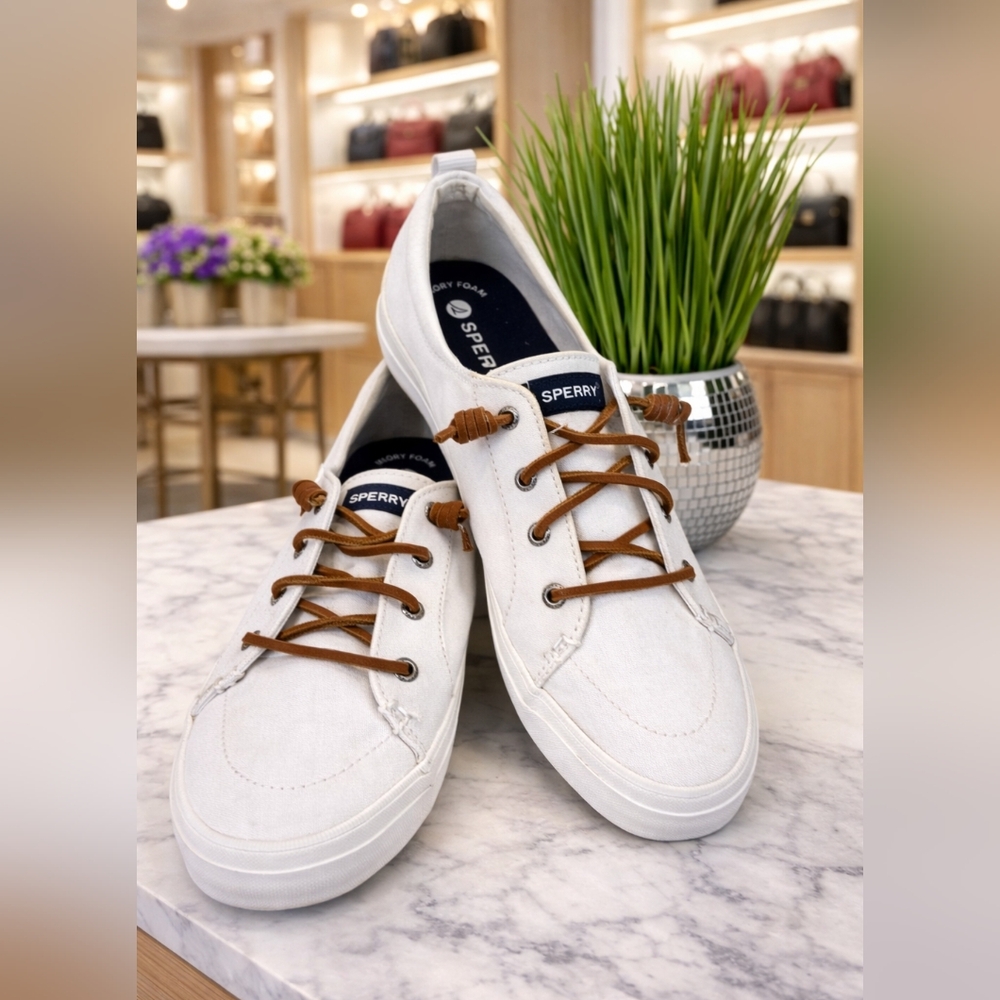 Sperry White Canvas Sneakers with Brown Laces